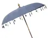  Product image 2 of the product “Bali umbrella , dark grey 1 with wooden coins and gold leaves hanging around the edge. Approx. 230cm dia. and 250cm height ”